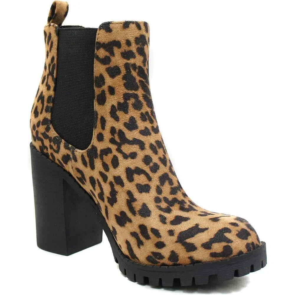 Women's Camel Leopard Lug Sole Ankle Boot Elastic Gore Chunky Heel Bootie